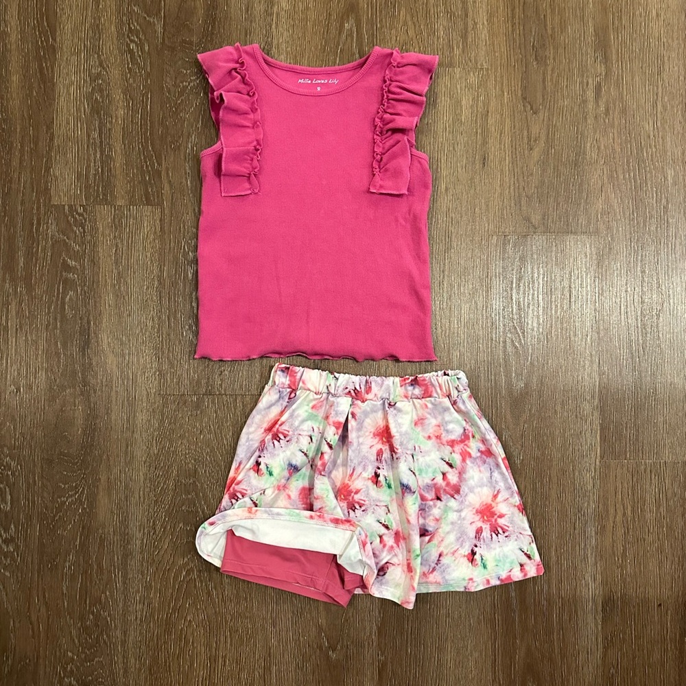 Pink Ruffle Top and Tie-Dye Skirt Set